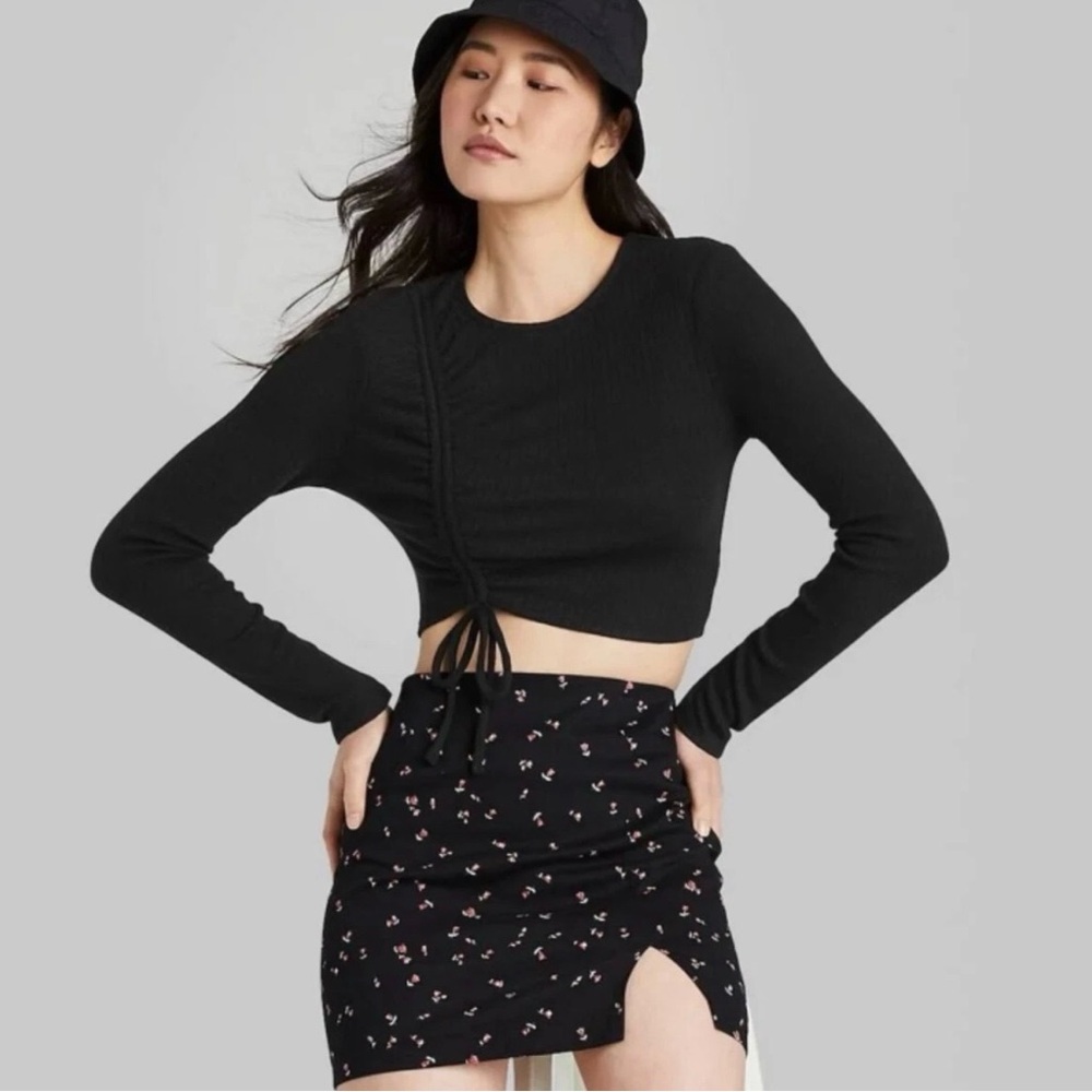 A‎ New Day Y2K Ribbed Ruched Crop Top Womens Size XS Black NEW